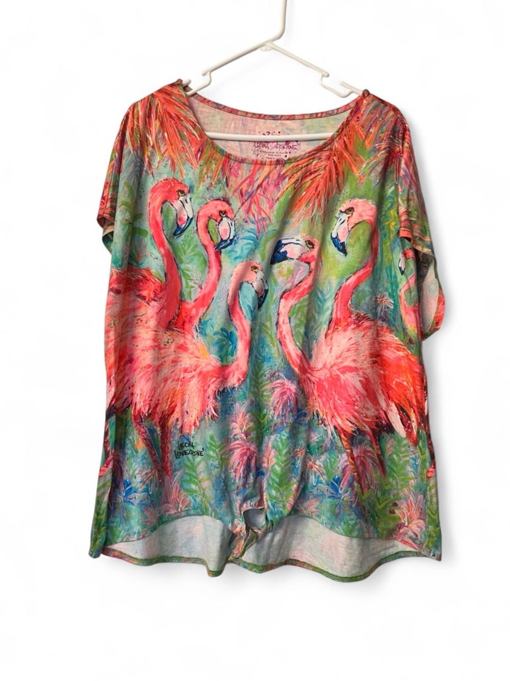 Leoma Lovegrove Tropical Flamingo Print Women's Top in Orange & Green